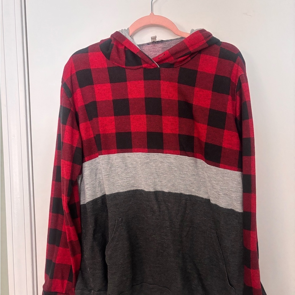 Red and Black Buffalo Plaid Hooded Sweater with Gray and Charcoal Panels